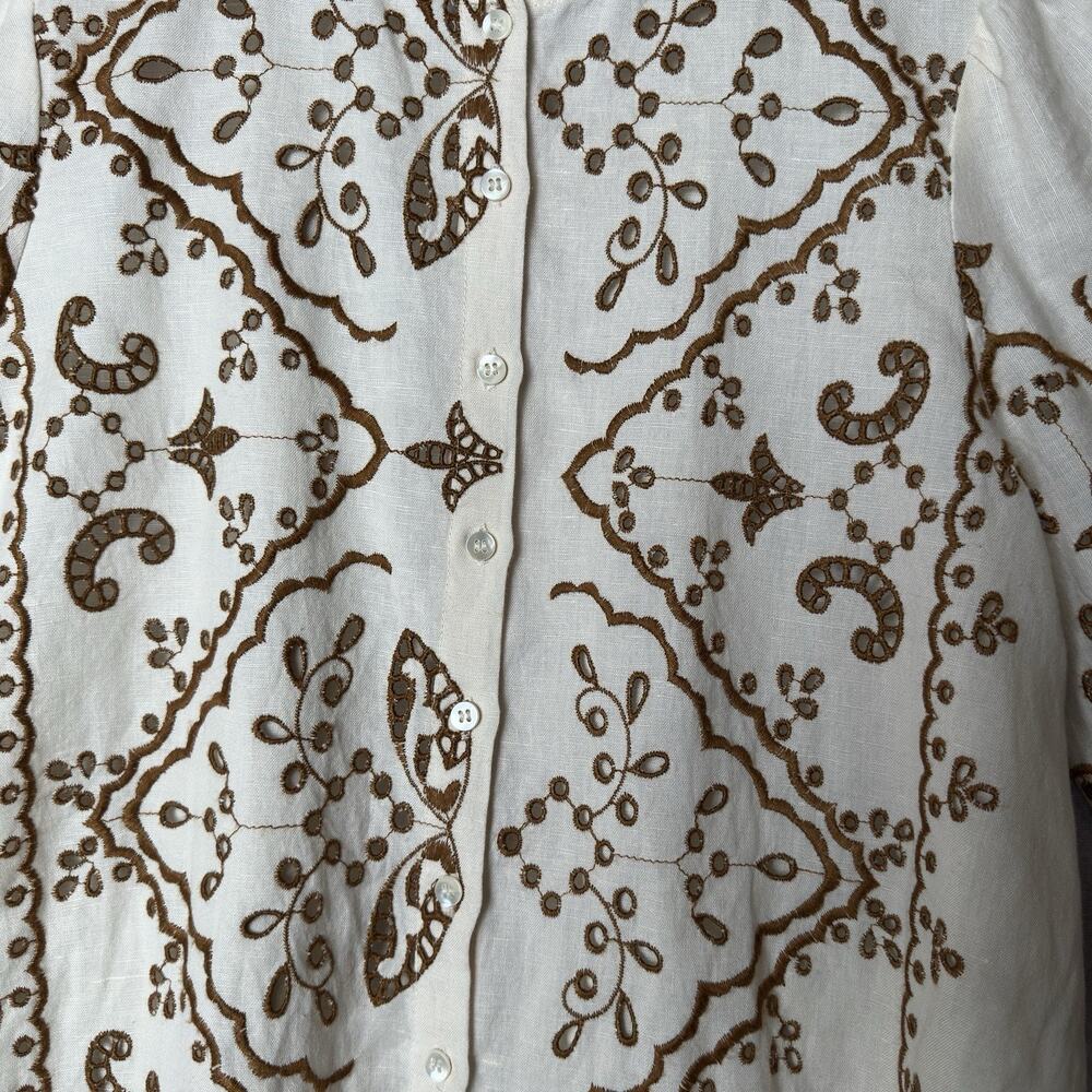 Sezane Waverly Blouse NWT Beige Brown Embroidered Linen Cotton Lace Trim 36 US 4 - Picture 5 of 16